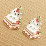 10pcs Strawberry Cake Cat Charm for Jewelry Making