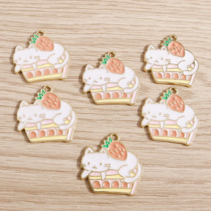 10pcs Enamel Cat Charms Alloy Strawberry Charms for Jewelry Making