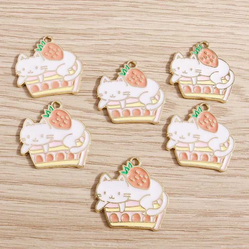 10pcs Enamel Cat Charms Alloy Strawberry Charms for Jewelry Making