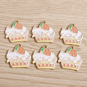 10pcs Enamel Cat Charms Alloy Strawberry Charms for Jewelry Making