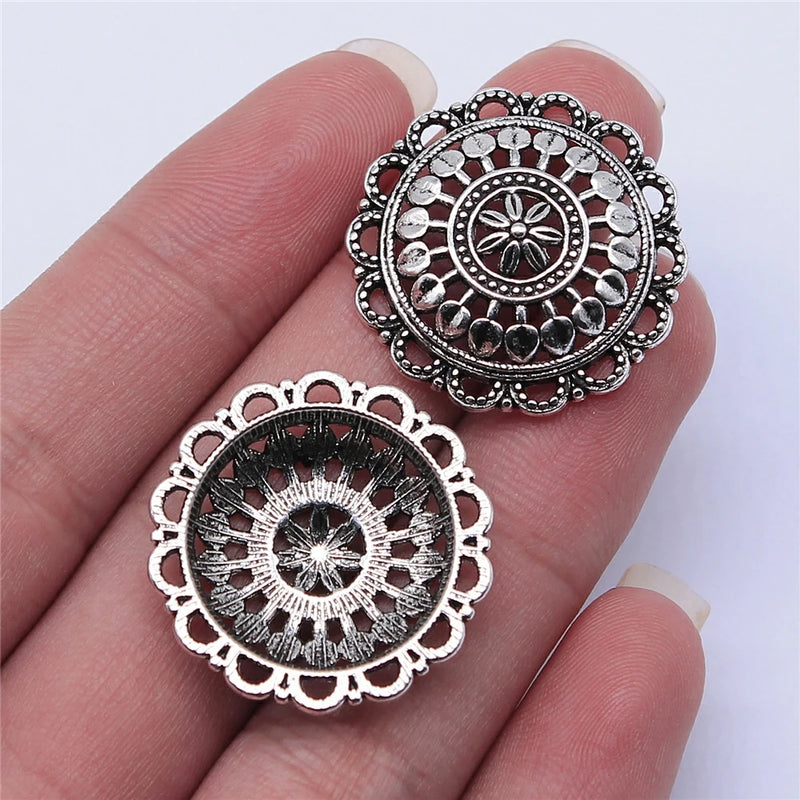 10pcs Antique Silver Round Hollow Flower Charms Pendant for Jewelry Making