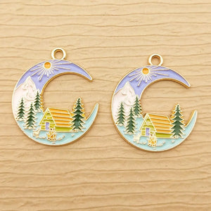 10pcs Enamel Tree House Moon Charm for Jewelry Making Earring Pendant