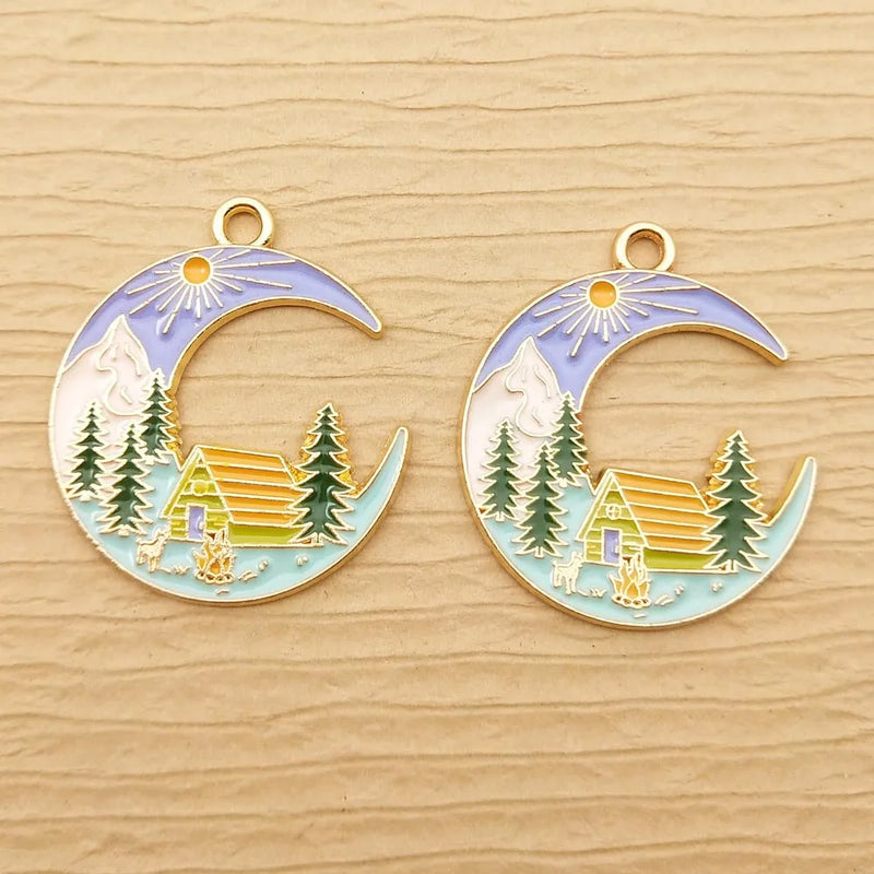 10pcs Enamel Tree House Moon Charm for Jewelry Making Earring Pendant