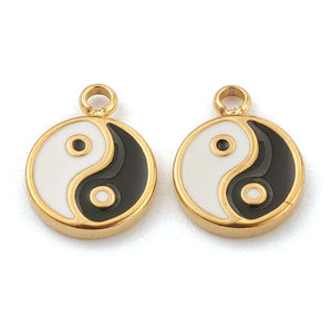 10pcs 304 Stainless Steel Enamel Charms Tai Ji Pendants Flat Round