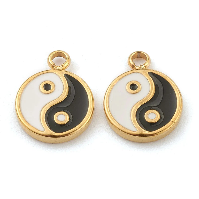 10pcs 304 Stainless Steel Enamel Charms Tai Ji Pendants Flat Round