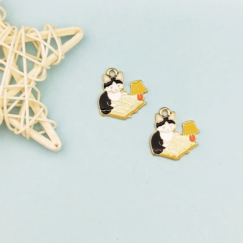 10pcs Alloy Cartoon Animal Enamel Charms Bowling Cat Reading Cats Pendants