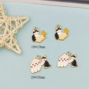 10pcs Alloy Cartoon Animal Enamel Charms Bowling Cat Reading Cats Pendants