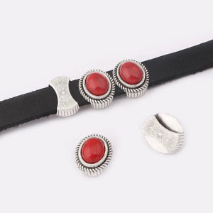 10pcs Antique Silver Flat Leather Spacer Stone Slider Beads