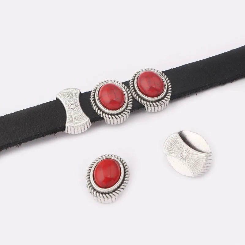 10pcs Antique Silver Flat Leather Spacer Stone Slider Beads