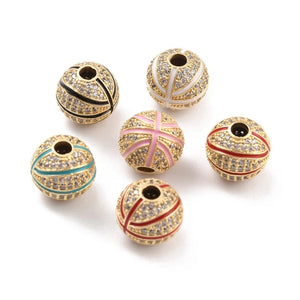 10pcs Brass CZ Beads Enamel 18K Plated Jewelry Making Basketball Mixed 11.5mm