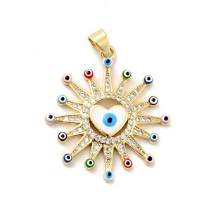 10pcs Brass CZ Pave Sun Eye Heart Enamel Pendant DIY Necklace Decor