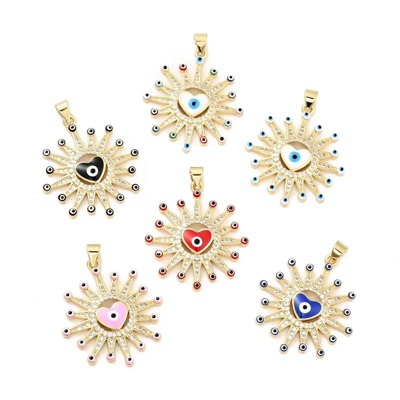 10pcs Brass CZ Pave Sun Eye Heart Enamel Pendant DIY Necklace Decor