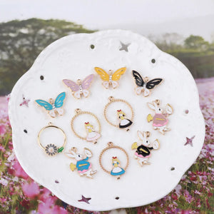 10pcs Butterfly Alice Girl Rabbit Charms Bracelets Making Drop Oil Metal Enamel