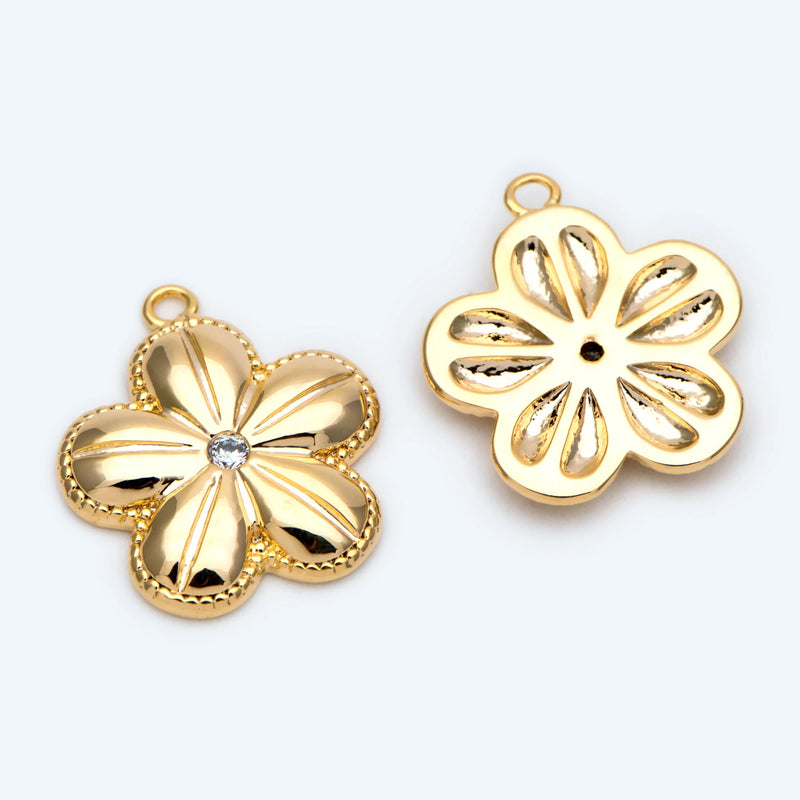 10pcs CZ Cherry Blossoms Charms, 18K Plated Brass, Flower Pendants DIY