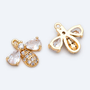 10pcs CZ Paved Bee Charm 13x14mm, 18K Plated Brass, Jewelry Making