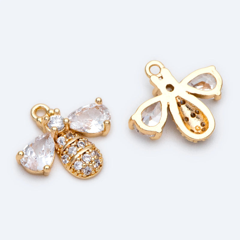 10pcs CZ Paved Bee Charm 13x14mm, 18K Plated Brass, Jewelry Making