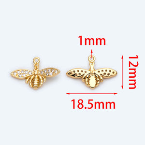 10pcs CZ Paved Bee Charm 18.5x12mm, 18K Plated Brass, Bee Pendants
