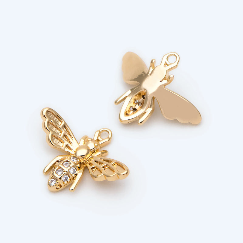 10pcs CZ Paved Bee Charm, 18K Plated Brass, Honeybee Pendants