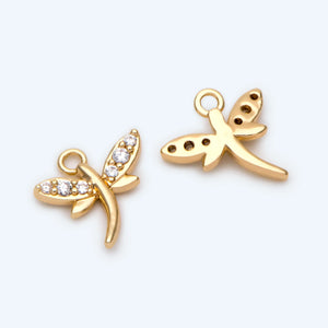 10pcs CZ Paved Dragonfly Charm 10x10mm, 18K Plated Brass, Dragonfly Pendants