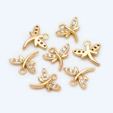 10pcs CZ Paved Dragonfly Charm 10x10mm, 18K Plated Brass, Dragonfly Pendants