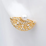 CZ Paved Fan Shape Earring Stud with Loop, Real Plated Stud