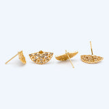 CZ Paved Fan Shape Earring Stud with Loop, Real Plated Stud