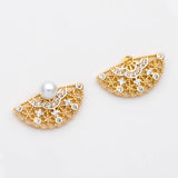 CZ Paved Fan Shape Earring Stud with Loop, Real Plated Stud