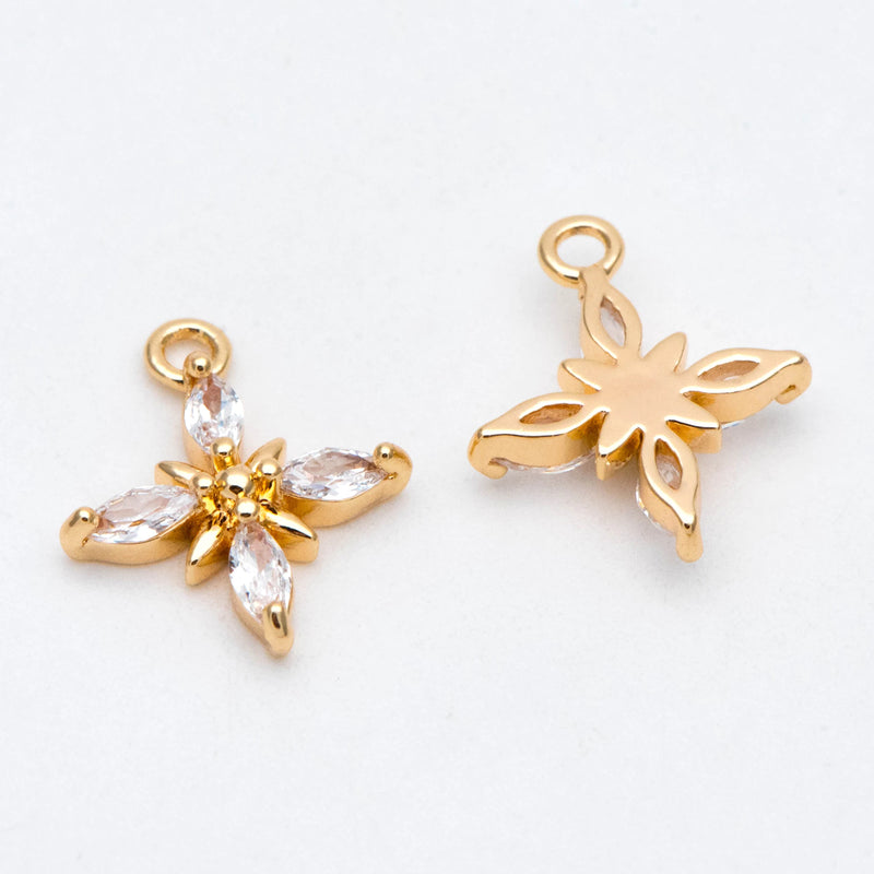 10pcs CZ Paved Flower Charms 16mm, Plated Brass Cross Pendants