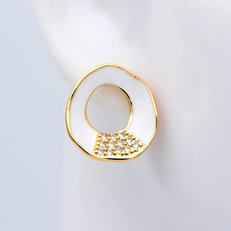 CZ Paved Circle Ear Posts, Enamel Geometric Stud Earrings with Loops
