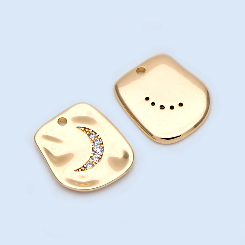 10pcs CZ Paved Moon Charms 14x12mm Brass Disc Pendants