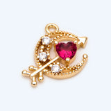 10pcs CZ Paved Moon Red Heart Charm, Moon Pendants