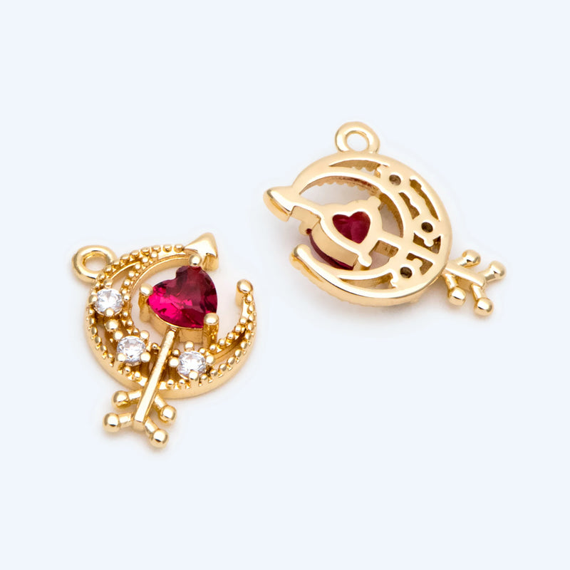 10pcs CZ Paved Moon Red Heart Charm, Moon Pendants