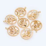 10pcs CZ Paved Flower Charms, 18K Plated, Disk Pendants