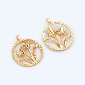 10pcs CZ Paved Flower Charms, 18K Plated, Disk Pendants