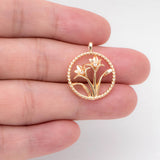 10pcs CZ Paved Flower Charms, 18K Plated, Disk Pendants
