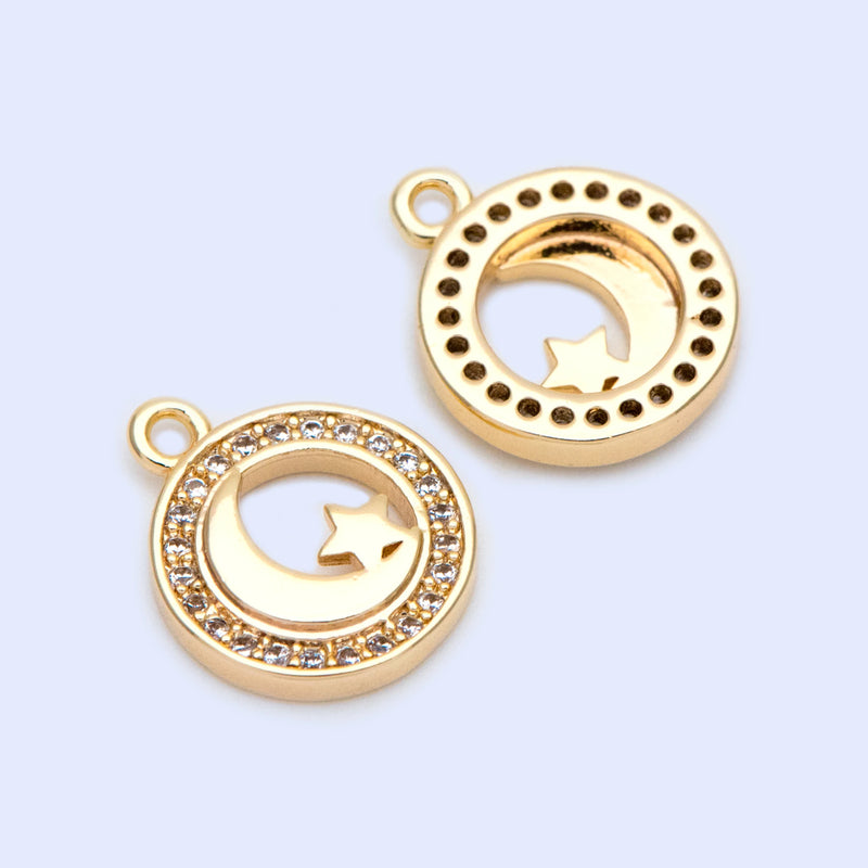 10pcs CZ Paved Moon Star Charms 14x11.5mm, 18K Brass, Pendants