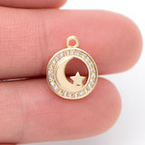 10pcs CZ Paved Moon Star Charms 14x11.5mm, 18K Brass, Pendants