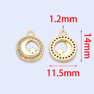 10pcs CZ Paved Moon Star Charms 14x11.5mm, 18K Brass, Pendants