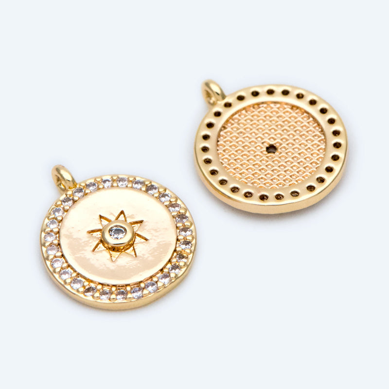 10pcs CZ Paved Round Sun Charms 14x11mm, 18K plated Brass