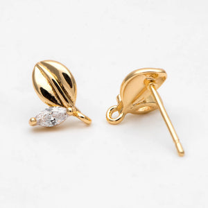 10pcs CZ Paved Leaf Ear Posts, Plated Brass, Jewelry Making Diy Accessories