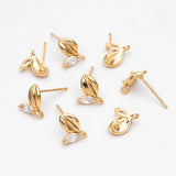 10pcs CZ Paved Leaf Ear Posts, Plated Brass, Jewelry Making Diy Accessories