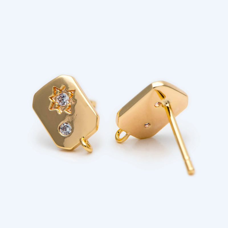 10pcs CZ Rectangle Earring Studs, 18K Plated Ear Posts, Geometric Findings