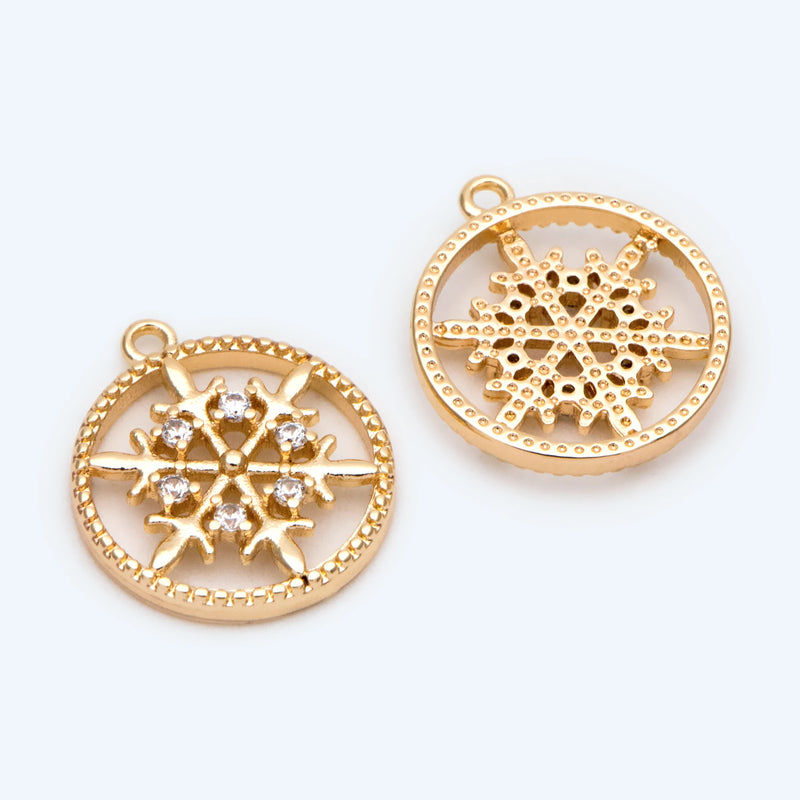 10pcs CZ Paved Snowflake Charm, 18K Plated Brass, Disk Pendants