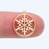 10pcs CZ Paved Snowflake Charm, 18K Plated Brass, Disk Pendants