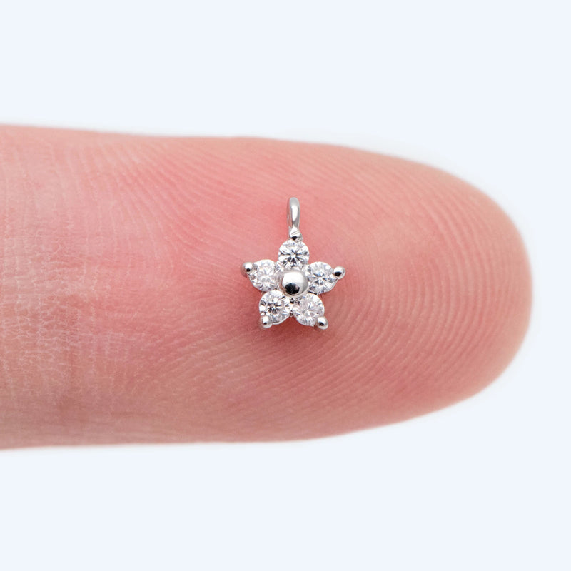 10pcs CZ Paved Silver Tone Tiny Flower Charms, Flower Pendant