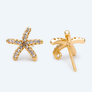 10pcs CZ Paved Starfish Ear Posts, Plated Brass Star Stud Earrings