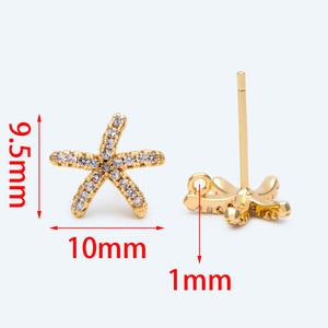10pcs CZ Paved Starfish Ear Posts, Plated Brass Star Stud Earrings