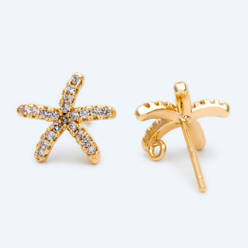 10pcs CZ Paved Starfish Ear Posts, Plated Brass Star Stud Earrings