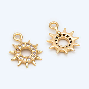 10pcs CZ Paved Sun Charms 12x9mm, 18K Plated Brass Pendants