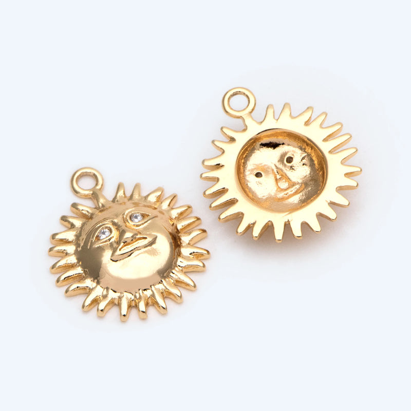 10pcs CZ Paved Sun Face Charms 18x15mm 18K Plated Brass Pendants DIY Accessories